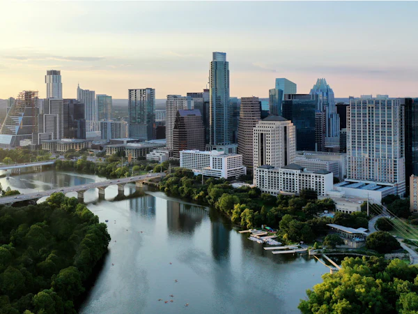 Aerial view of downtown Austin and the river running through it