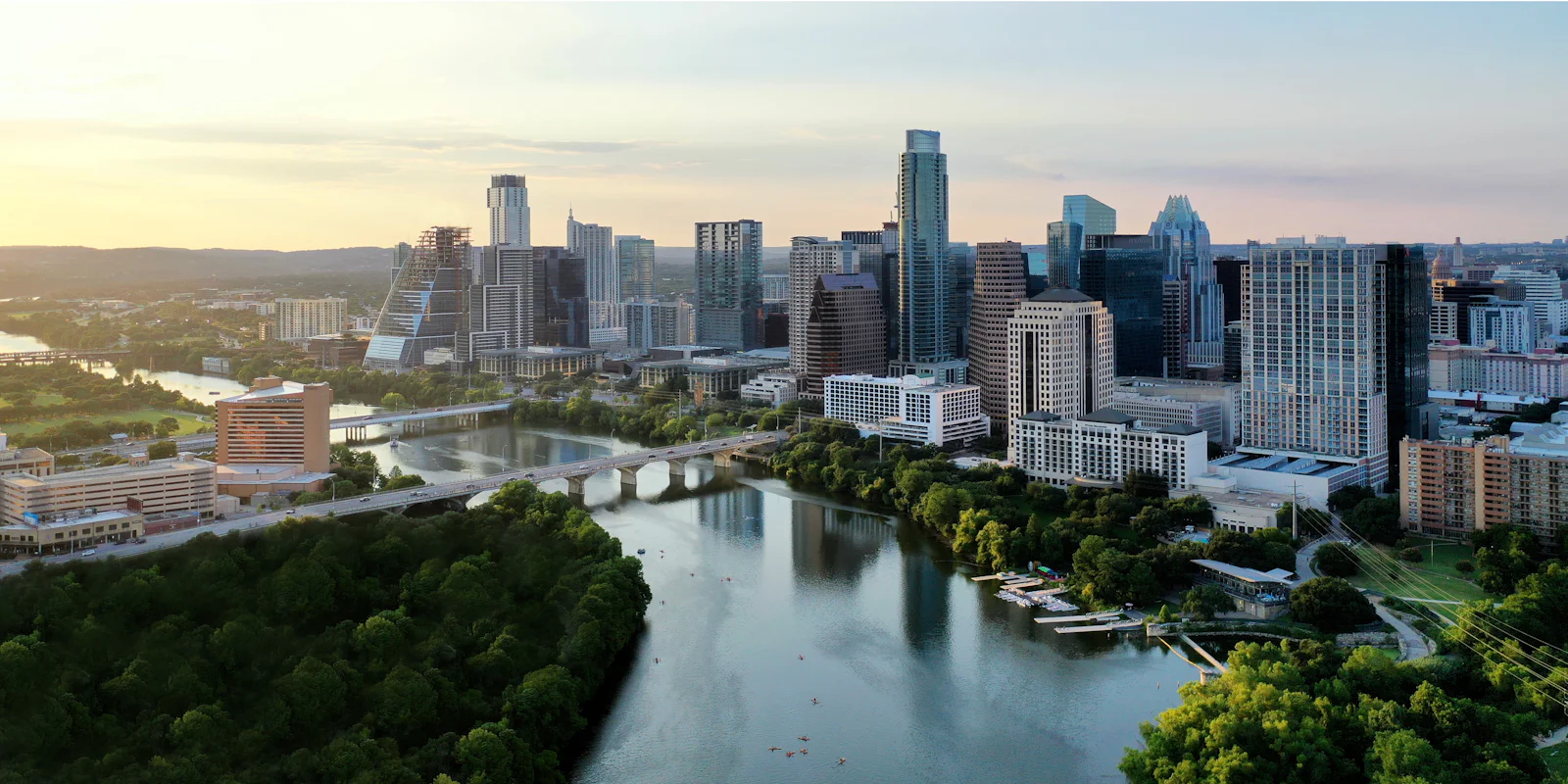Aerial view of downtown Austin and the river running through it