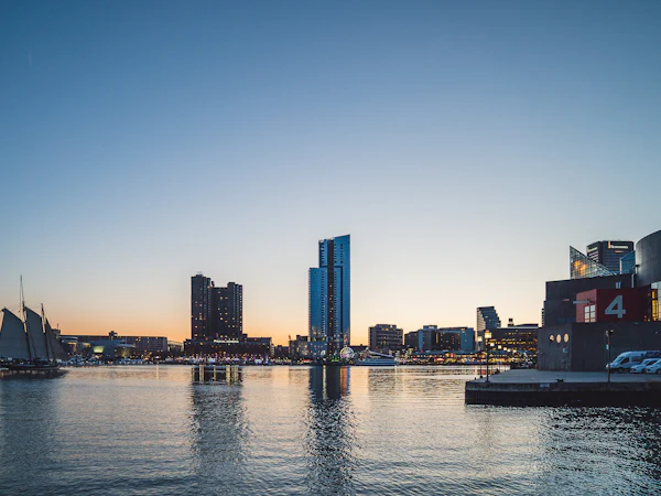 Baltimore's harbour and waterfront towers at dusk