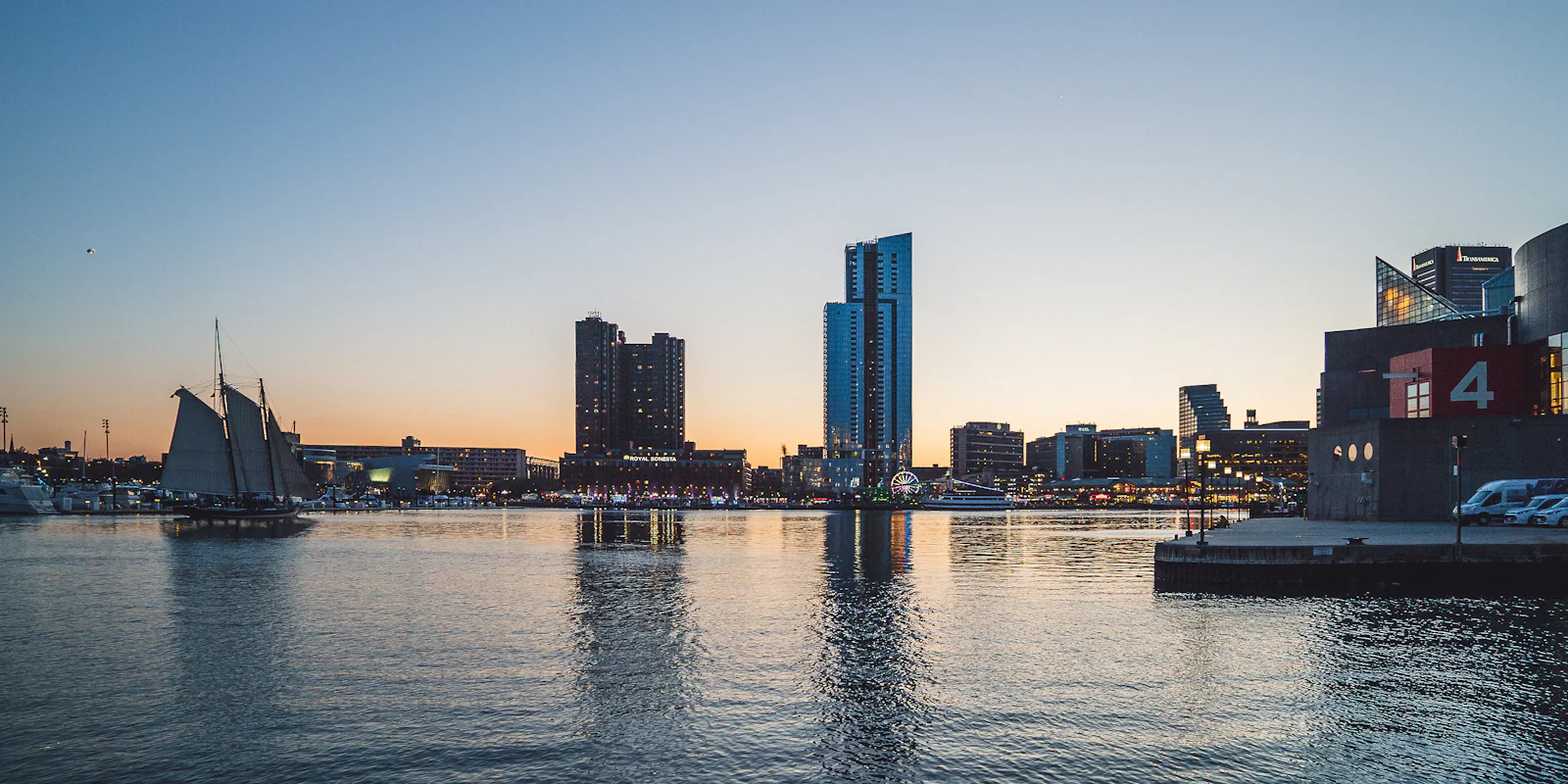 Baltimore's harbour and waterfront towers at dusk