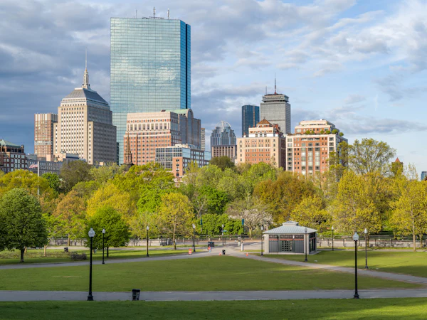 Boston's Back Bay towers seen across a green park