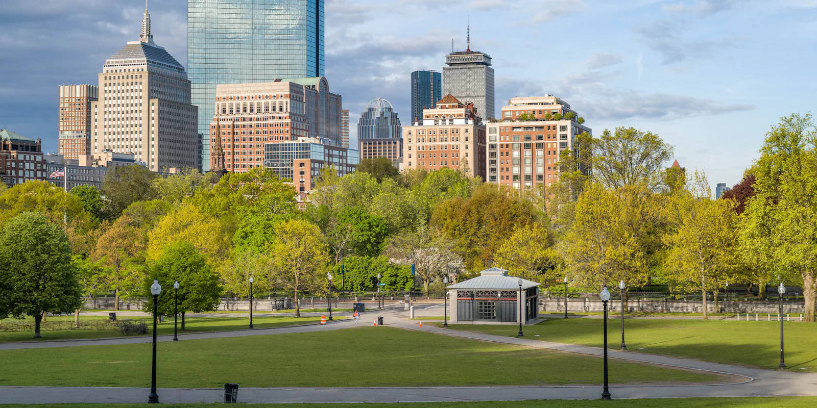 Boston's Back Bay towers seen across a green park