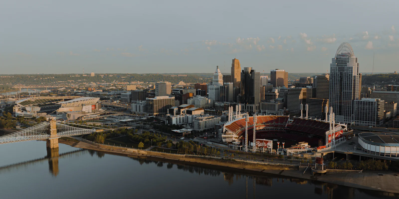 Aerial view of downtown Cincinnati, its riverfront stadium and the Ohio River