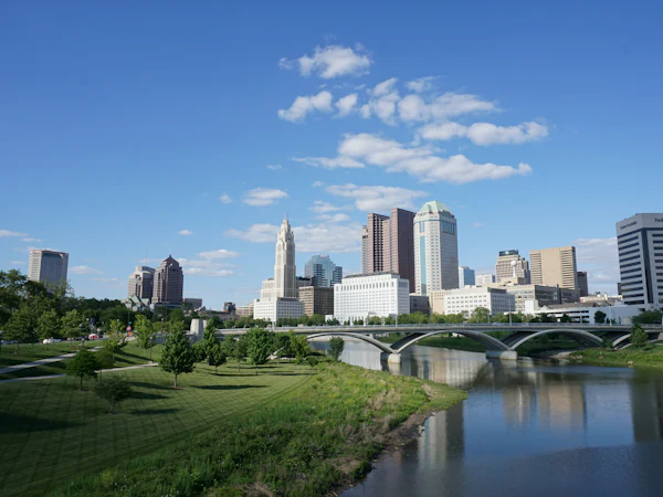 Downtown Columbus and a bridge over the river