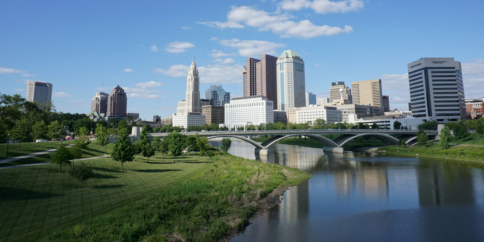 Downtown Columbus and a bridge over the river