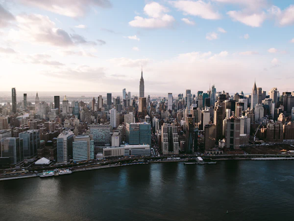 Aerial view of Midtown Manhattan and the Empire State Building across the river