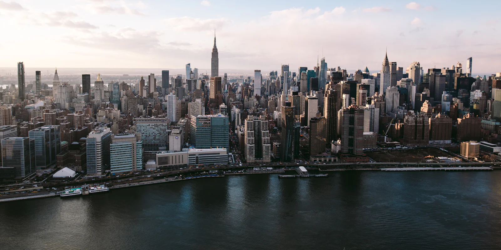 Aerial view of Midtown Manhattan and the Empire State Building across the river