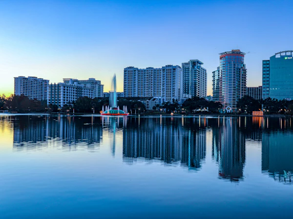 Downtown Orlando reflected in Lake Eola