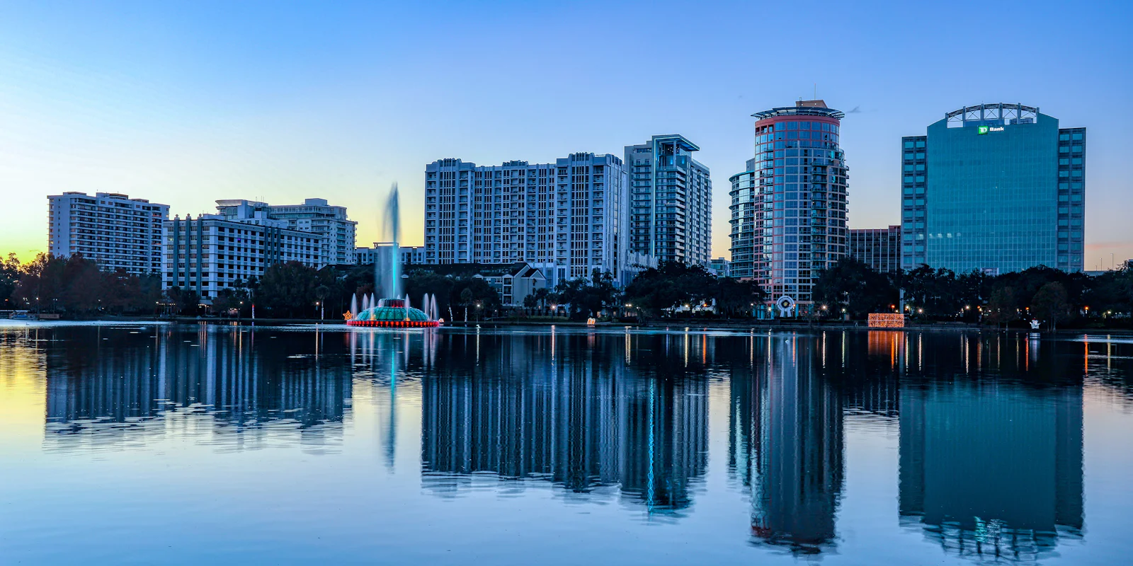 Downtown Orlando reflected in Lake Eola