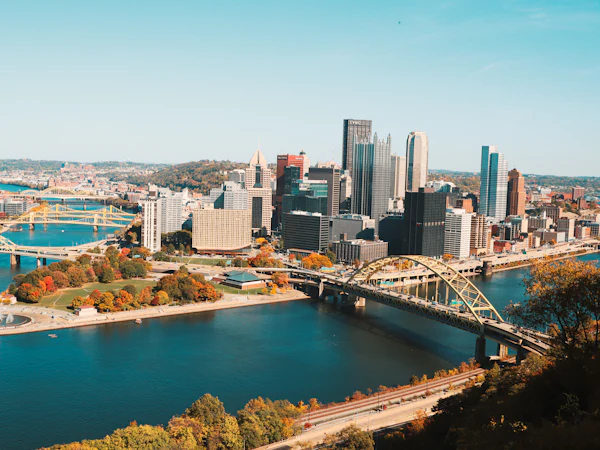 Downtown Pittsburgh and its river bridges on a clear day