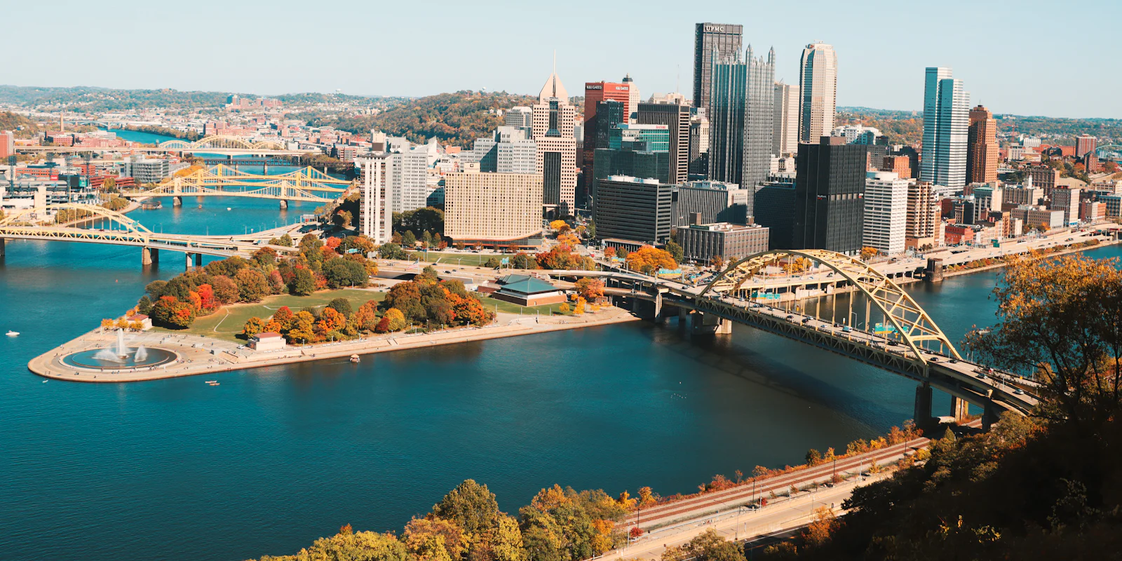 Downtown Pittsburgh and its river bridges on a clear day