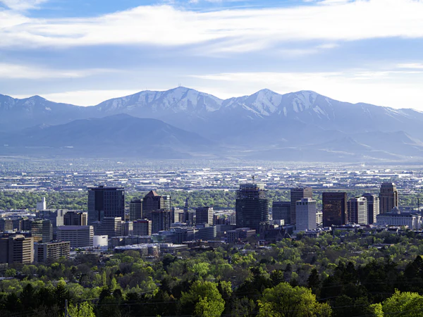 Downtown Salt Lake City with mountains behind