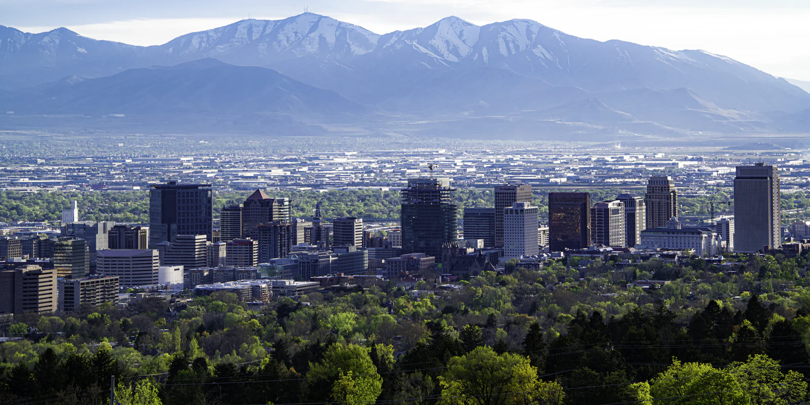 Downtown Salt Lake City with mountains behind
