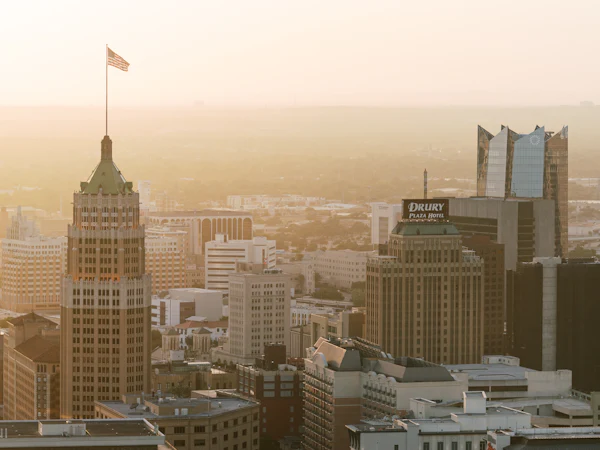 The Tower Life Building and downtown San Antonio in hazy light