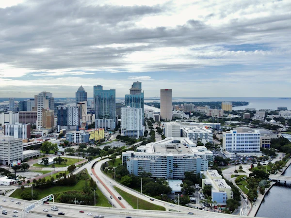 Aerial view of downtown Tampa under an overcast sky