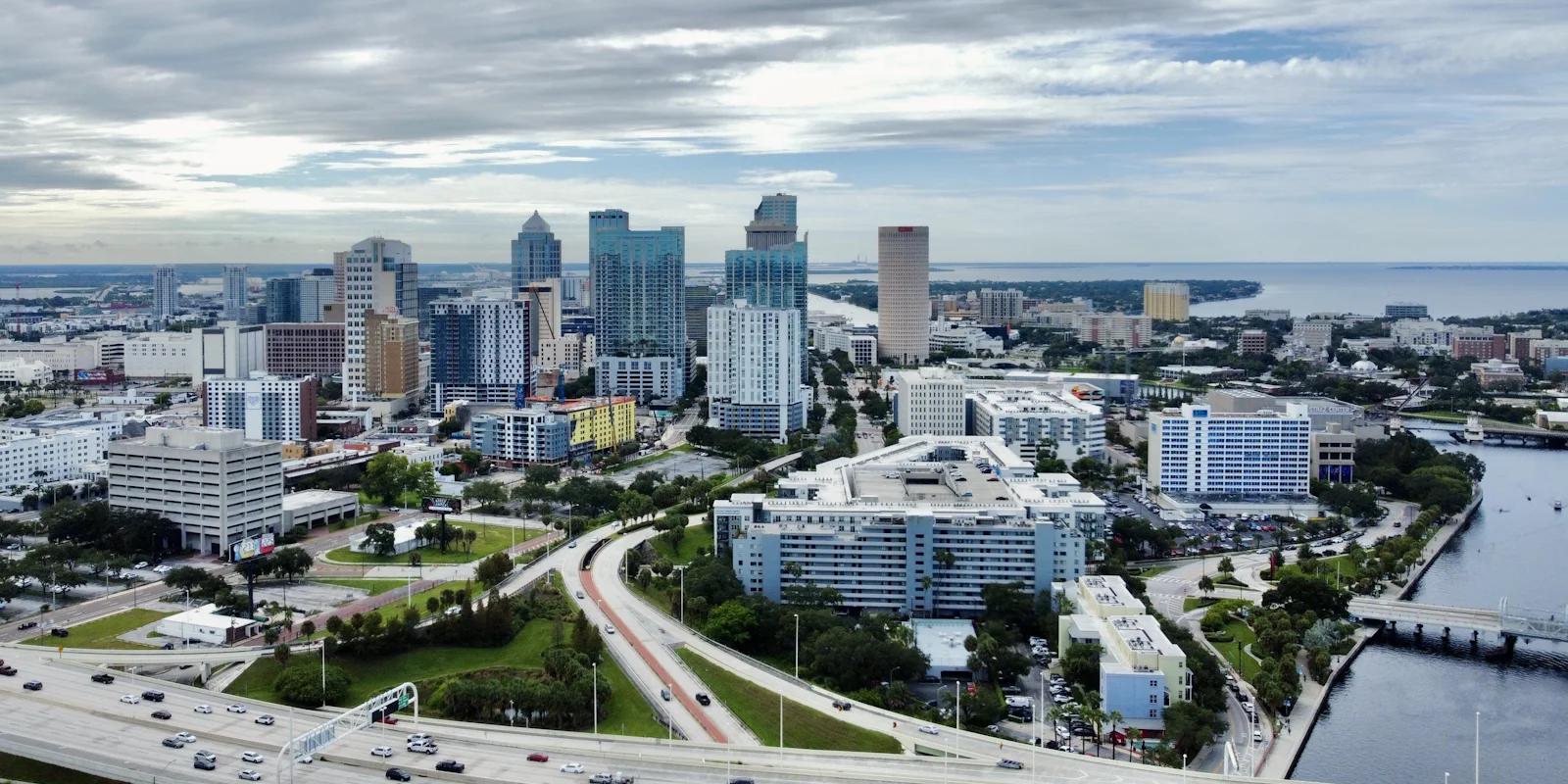 Aerial view of downtown Tampa under an overcast sky
