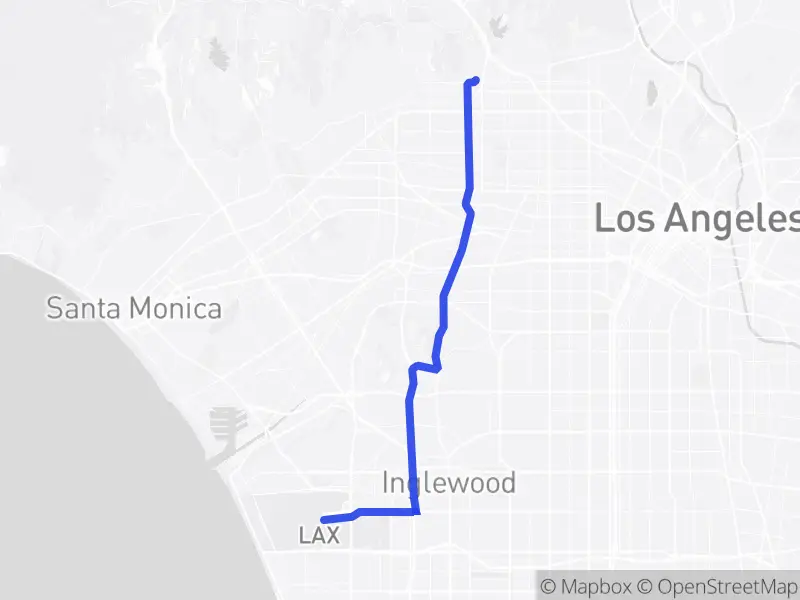 Map of the drive from LAX to Hollywood
