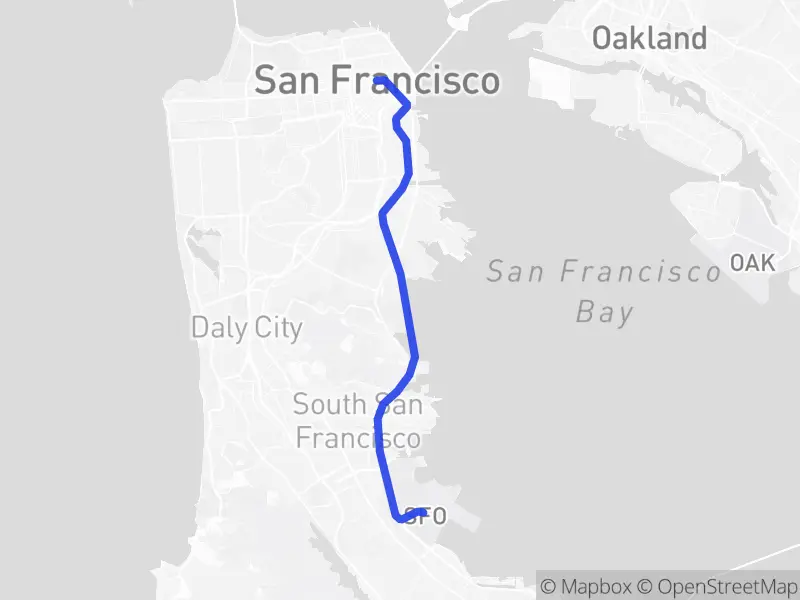 Map of the drive from SFO to Union Square